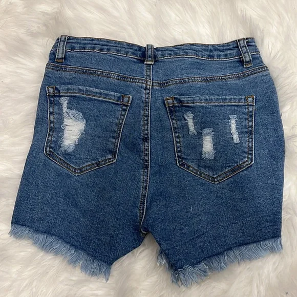 Blue denim destroyed frayed hem shorts - Picture 5 of 7